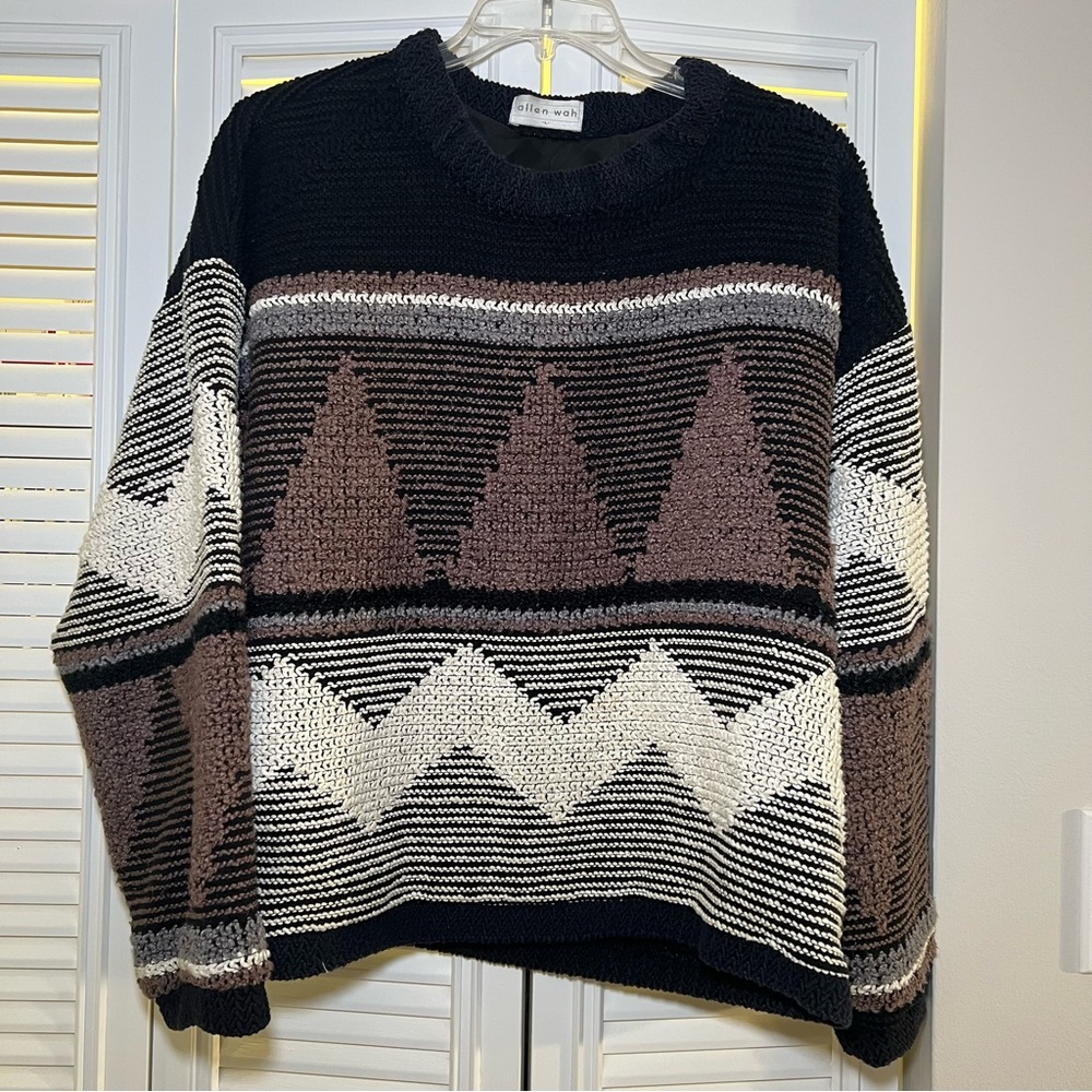 Vintage 1980s Lambs  Wool Allen Wah Lined Sweater Color Block Brown Men's Size L